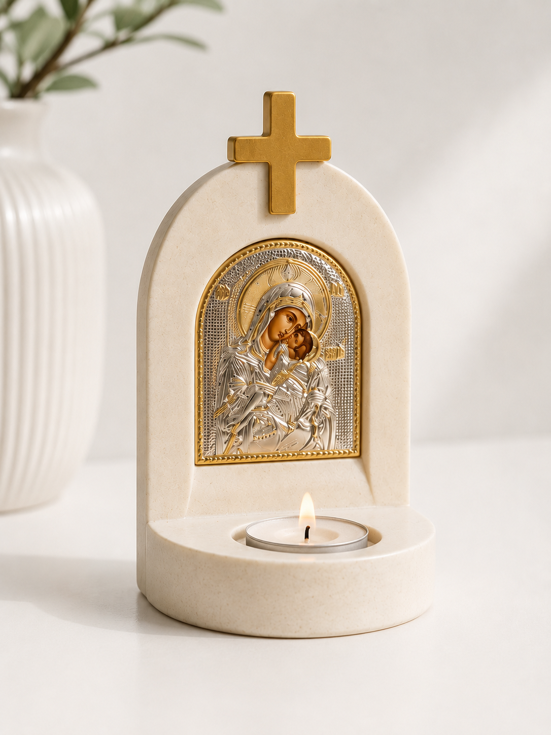Mother Mary & Jesus Gold Cross Tea Light Candle Holder